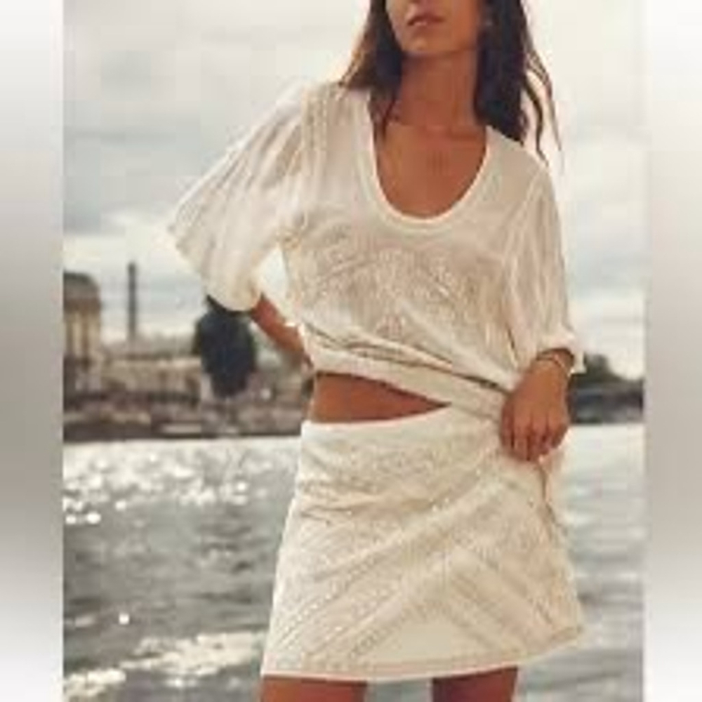 Zara Embroidered Beaded Mirror Mini Festival Skirt Women's Size XL Ivory Linen